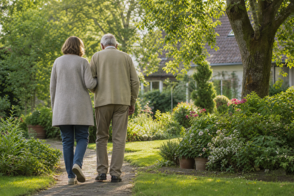 Älteres Paar geht gemeinsam und unterstützend durch einen ruhigen Garten