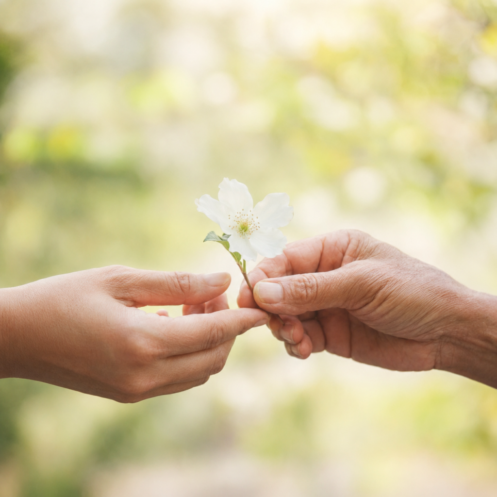 Zwei Hände überreichen eine weiße Blüte als Zeichen der Wertschätzung