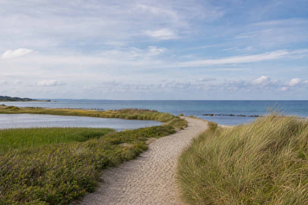 Küstenweg zwischen Dünen und Sehlendorfer Binnensee mit Blick auf die Ostsee bei Hohwacht