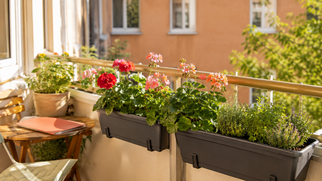 Sicher befestigte Blumenkästen mit Geranien und Kräutern auf einem Mietbalkon