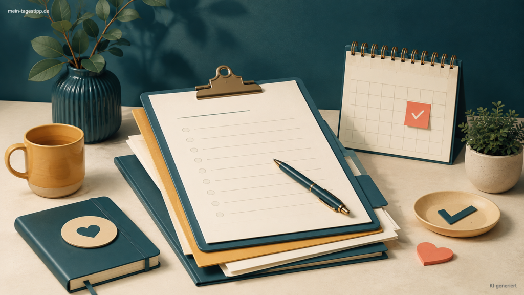 Beitragsbild: Unterlagen, Kalender und Checkliste für den Pflegegrad-Antrag