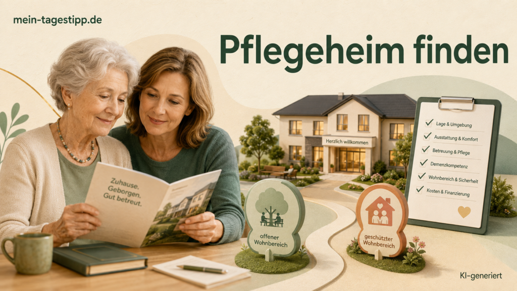 Ältere Frau und Angehörige vergleichen Pflegeheime, Demenzbereiche und geschützte Wohnbereiche